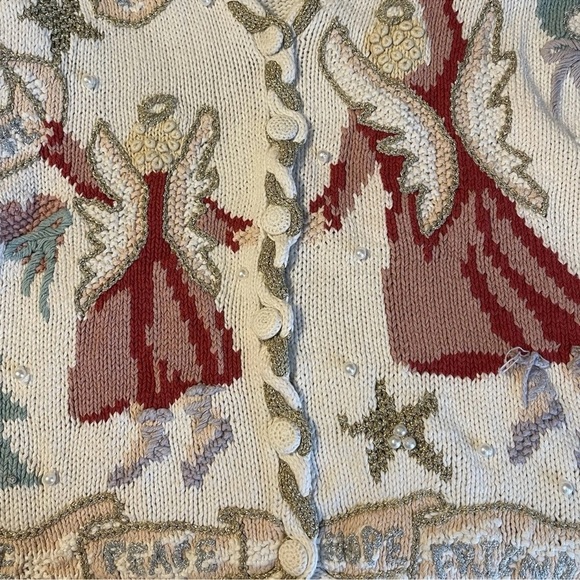 Stitches In Time Angels Peace Love Hope Button Cardigan Winter Knit Sweater  3X - Picture 11 of 16